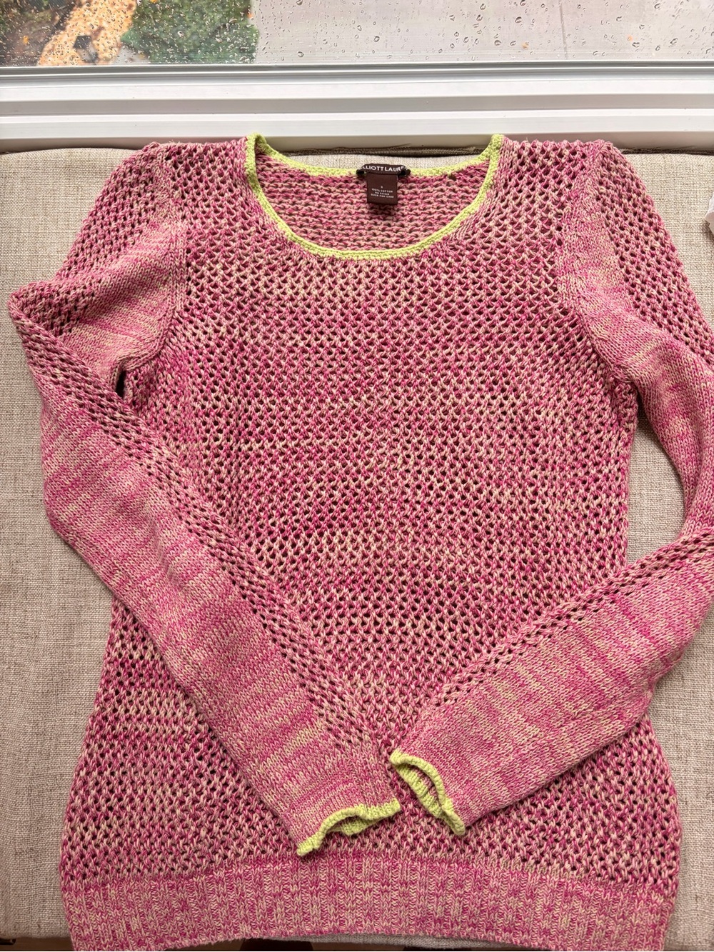 Elliott Lauren Pink Open-Weave Crewneck Sweater with Lime Trim